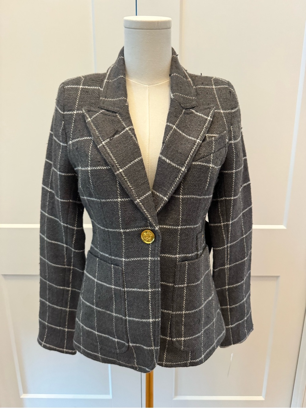 Smythe Duchess Blazer Gray Windowpane Single-Button Blazer with Gold Button